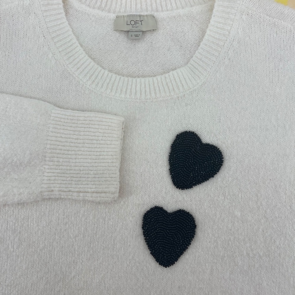 LOFT Womens Sweater Size S Winter White Black Bead Hearts Crew Neck‎ Long Sleeve